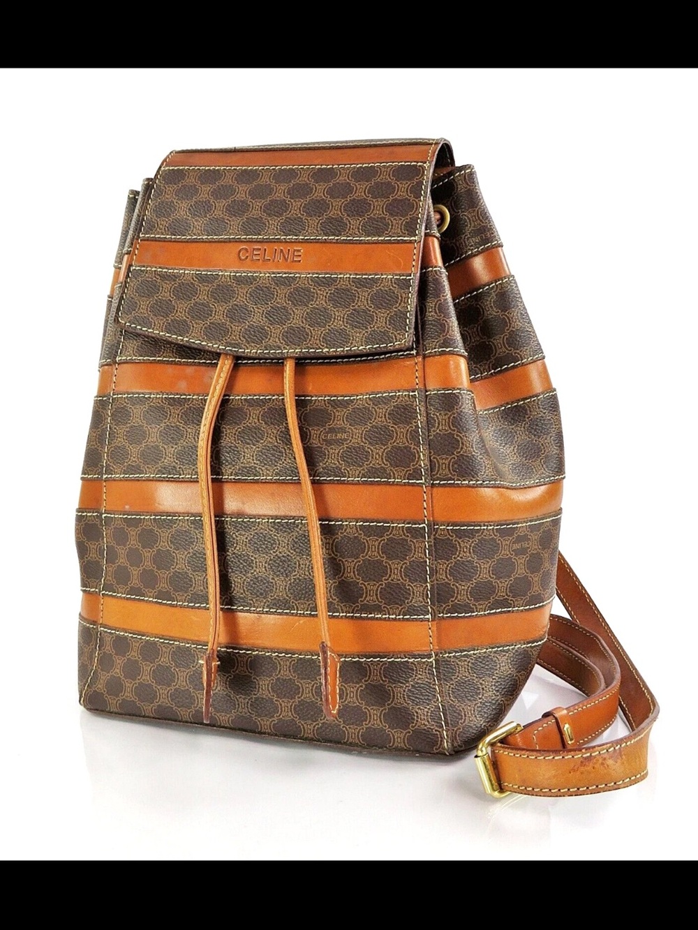 Celine Brown & Tan Monogram Stripe Drawstring Backpack
